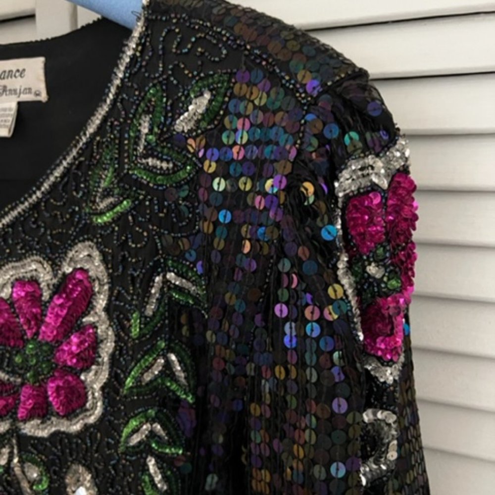 Holiday/Formal-Affair Ready! Silk Floral Design Sequin Top Sz Medium - Picture 5 of 12
